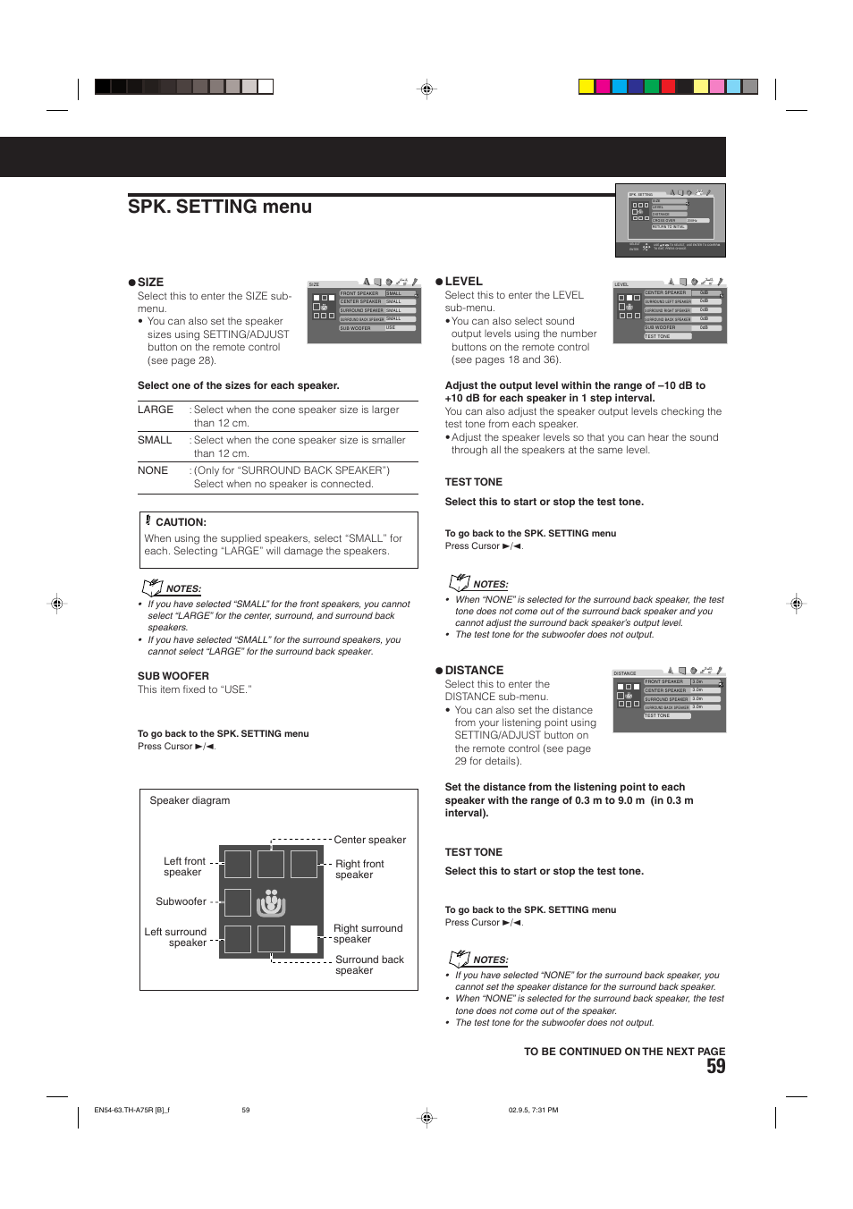 Spk. setting menu, Size, Level | Distance | JVC SP-XCA75 User Manual | Page 63 / 76