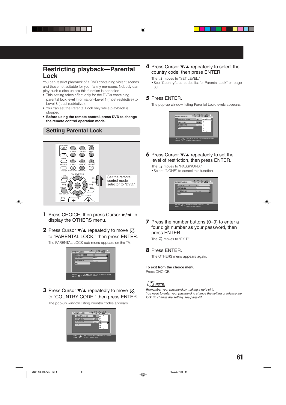 Restricting playback—parental lock, Setting parental lock, Press enter | JVC SP-XCA75 User Manual | Page 65 / 76