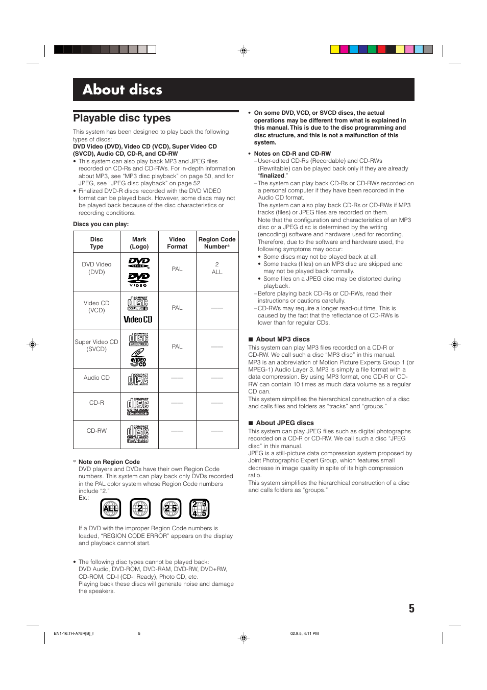 About discs, Playable disc types | JVC SP-XCA75 User Manual | Page 9 / 76