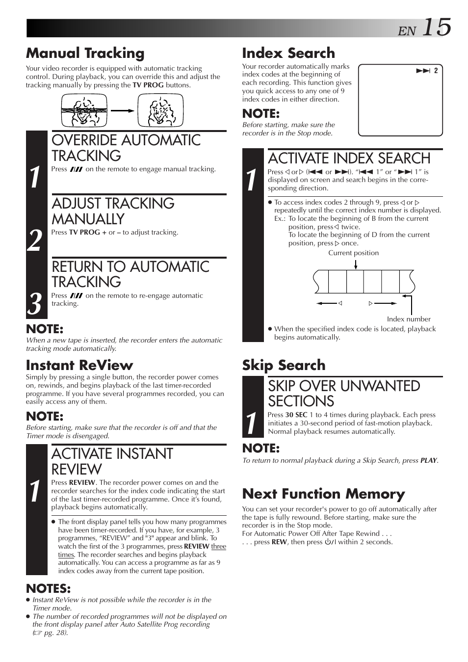 Override automatic tracking, Adjust tracking manually, Return to automatic tracking | Activate index search, Activate instant review, Manual tracking, Index search, Instant review | JVC HR-J458E User Manual | Page 15 / 52