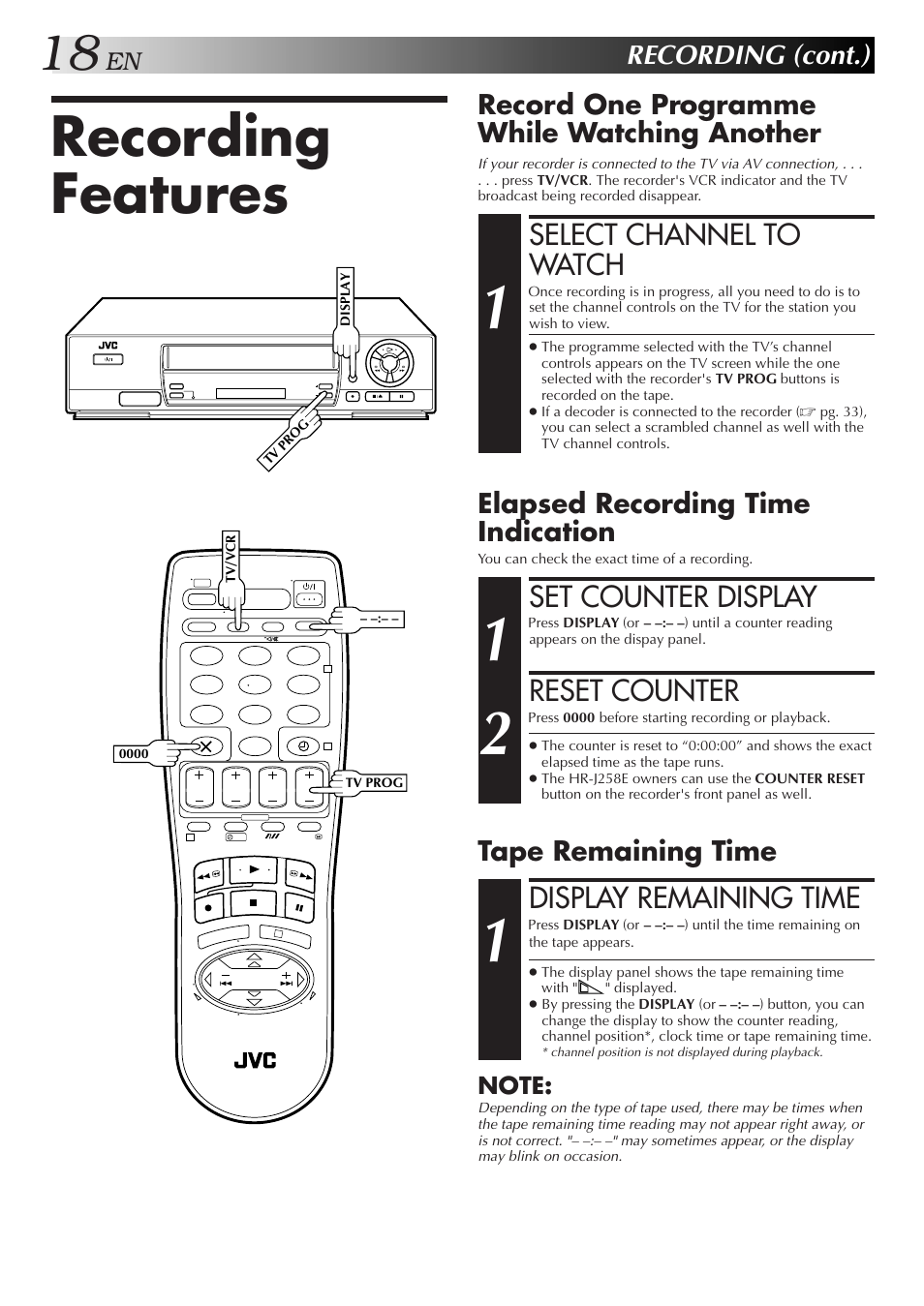 Recording features, Select channel to watch, Set counter display | Reset counter, Display remaining time, Recording (cont.), Record one programme while watching another, Elapsed recording time indication, Tape remaining time | JVC HR-J458E User Manual | Page 18 / 52