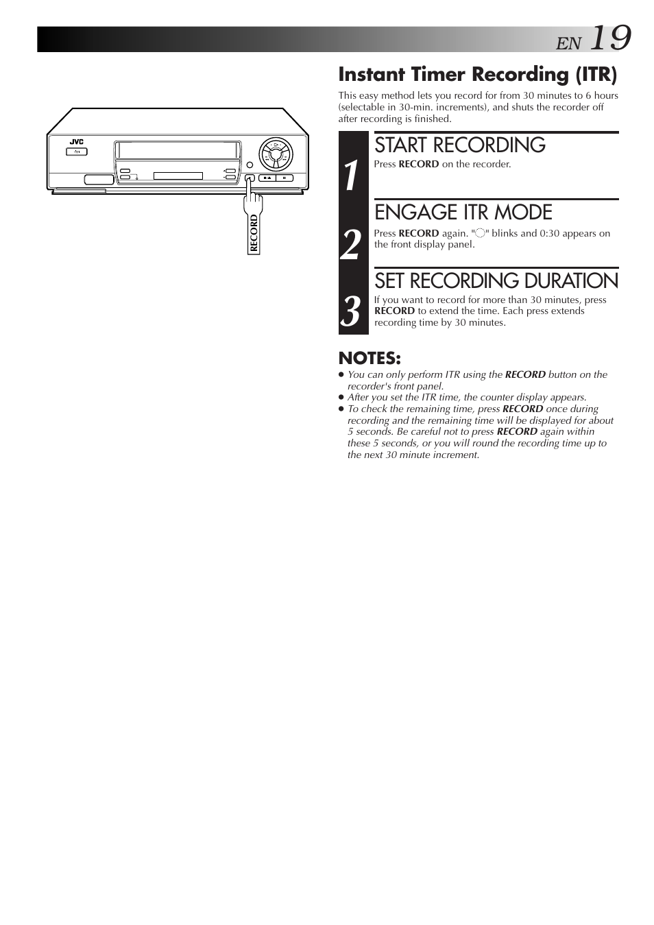 Start recording, Engage itr mode, Set recording duration | JVC HR-J458E User Manual | Page 19 / 52