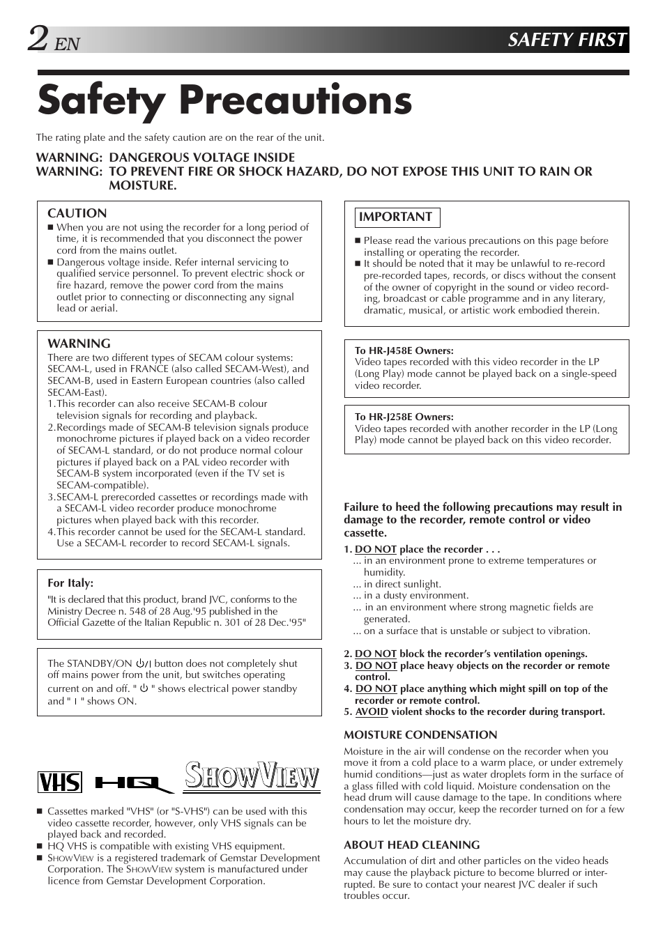 Safety precautions, Safety first | JVC HR-J458E User Manual | Page 2 / 52