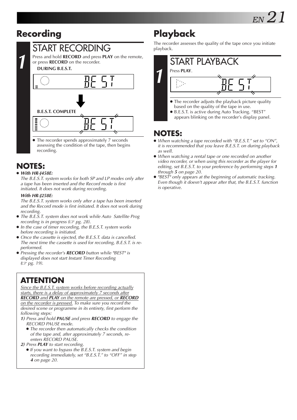 Start recording, Start playback, Recording | Playback, Attention | JVC HR-J458E User Manual | Page 21 / 52