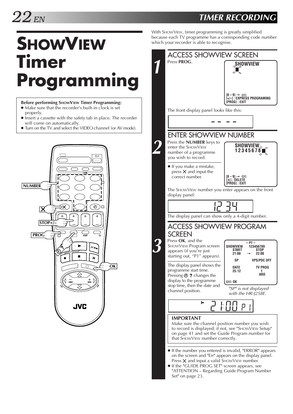 Timer programming, Timer recording, Access showview screen | Enter showview number, Access showview program screen | JVC HR-J458E User Manual | Page 22 / 52