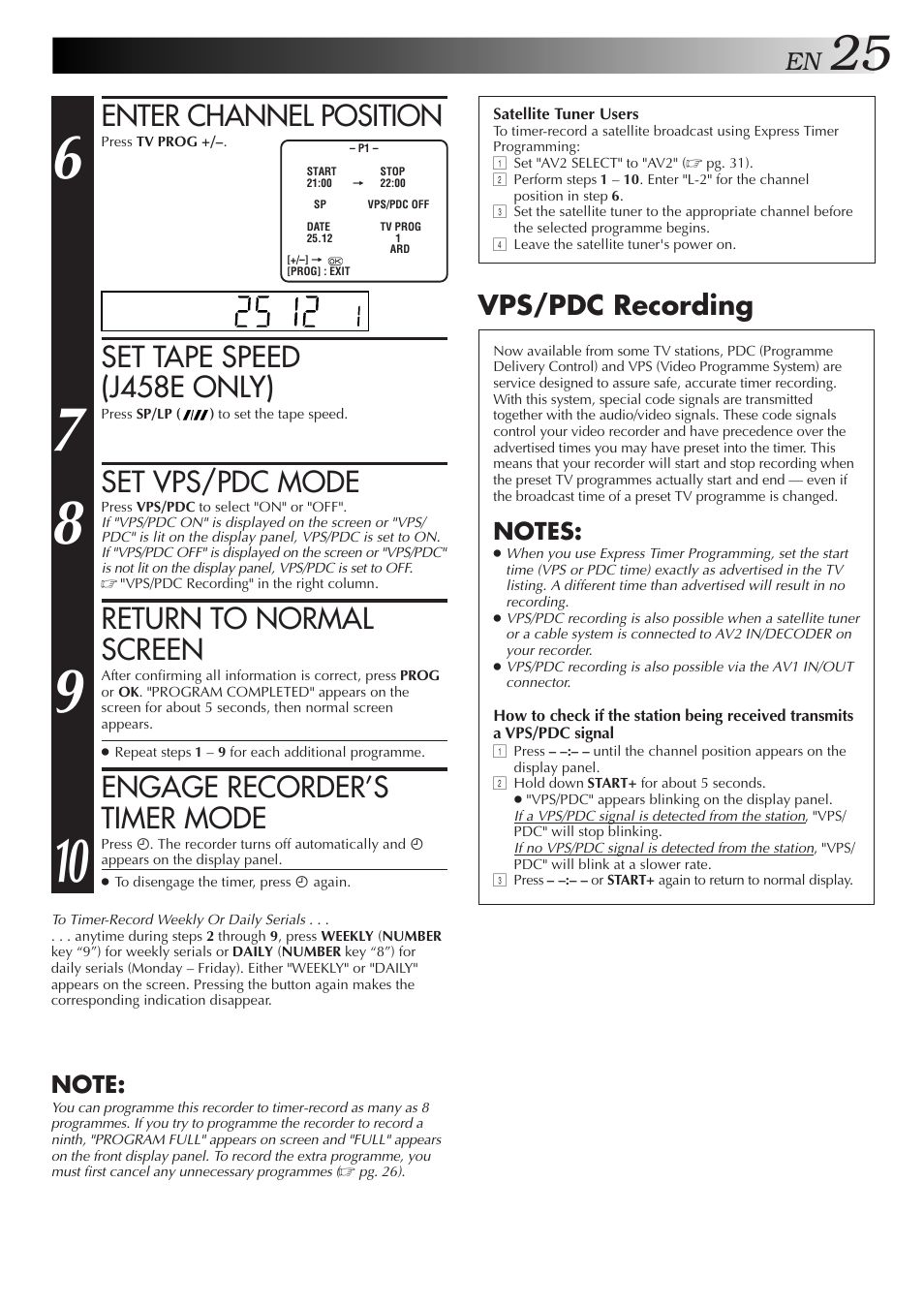 Enter channel position, Set tape speed (j458e only), Set vps/pdc mode | Return to normal screen, Engage recorder’s timer mode, Vps/pdc recording | JVC HR-J458E User Manual | Page 25 / 52