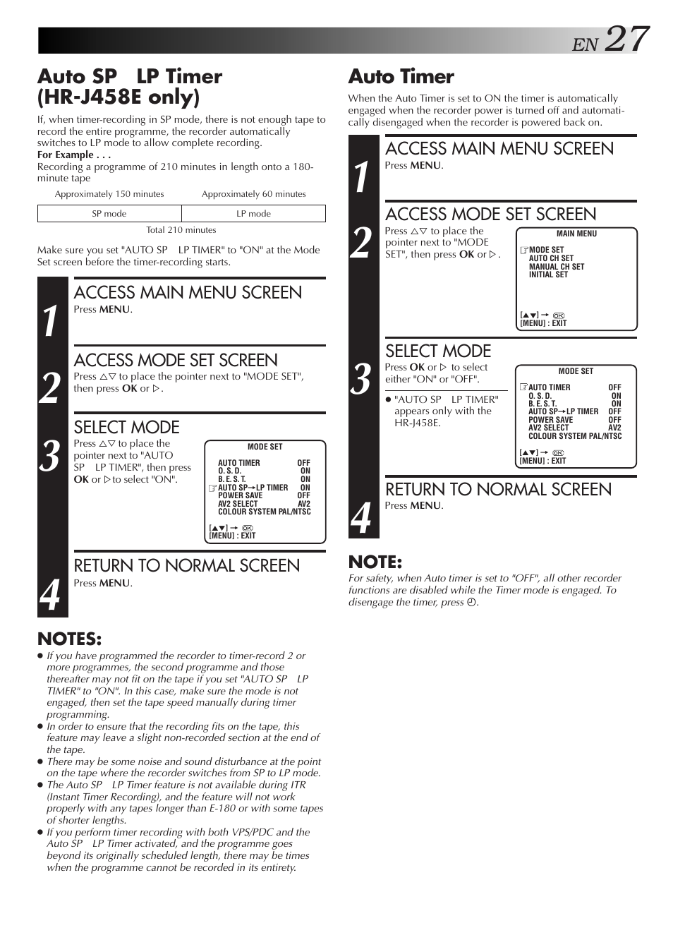 Auto timer, Auto sp → lp timer (hr-j458e only), Access main menu screen | Access mode set screen, Select mode, Return to normal screen | JVC HR-J458E User Manual | Page 27 / 52