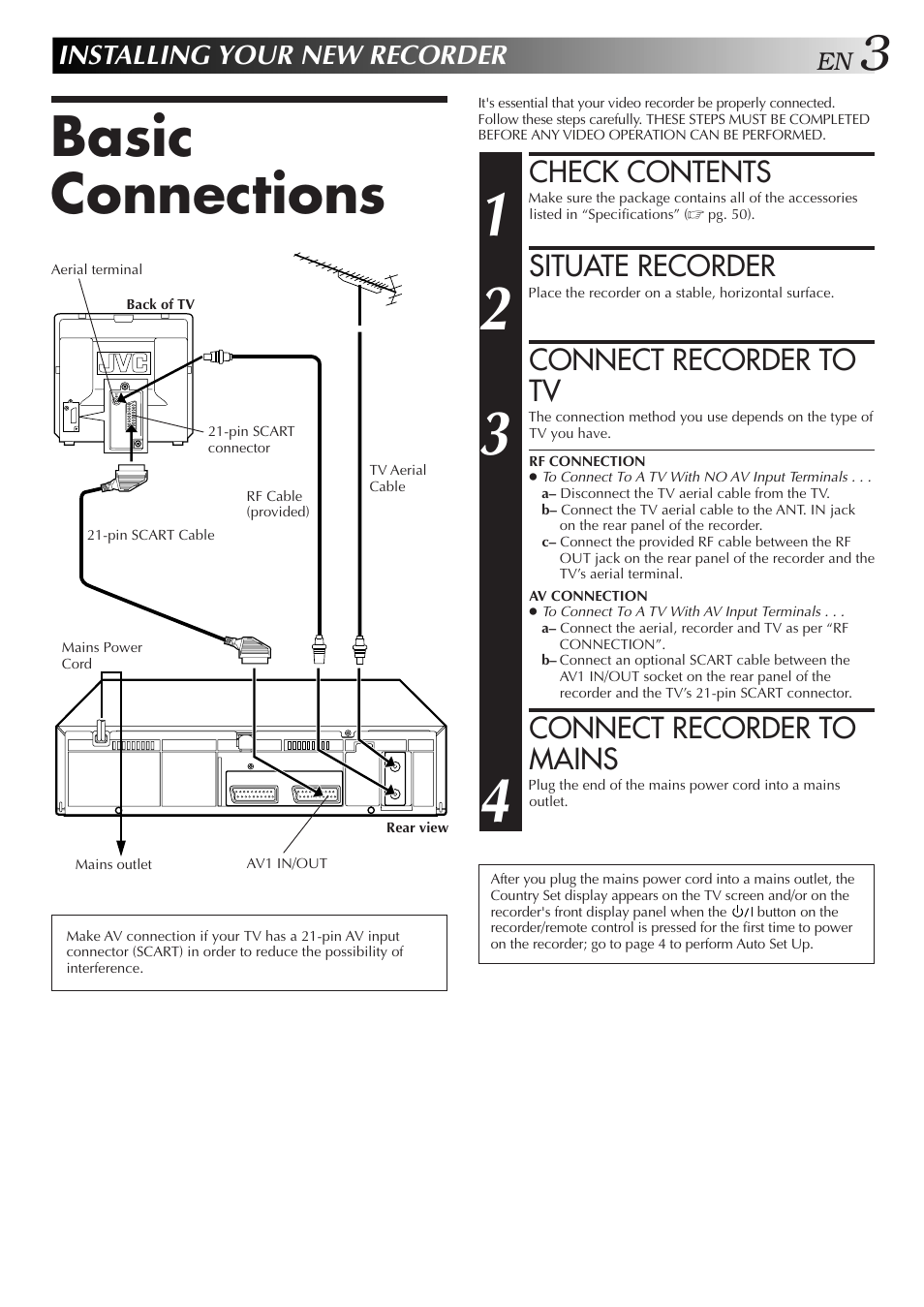 Basic connections, Check contents, Situate recorder | Connect recorder to tv, Connect recorder to mains, Installing your new recorder | JVC HR-J458E User Manual | Page 3 / 52
