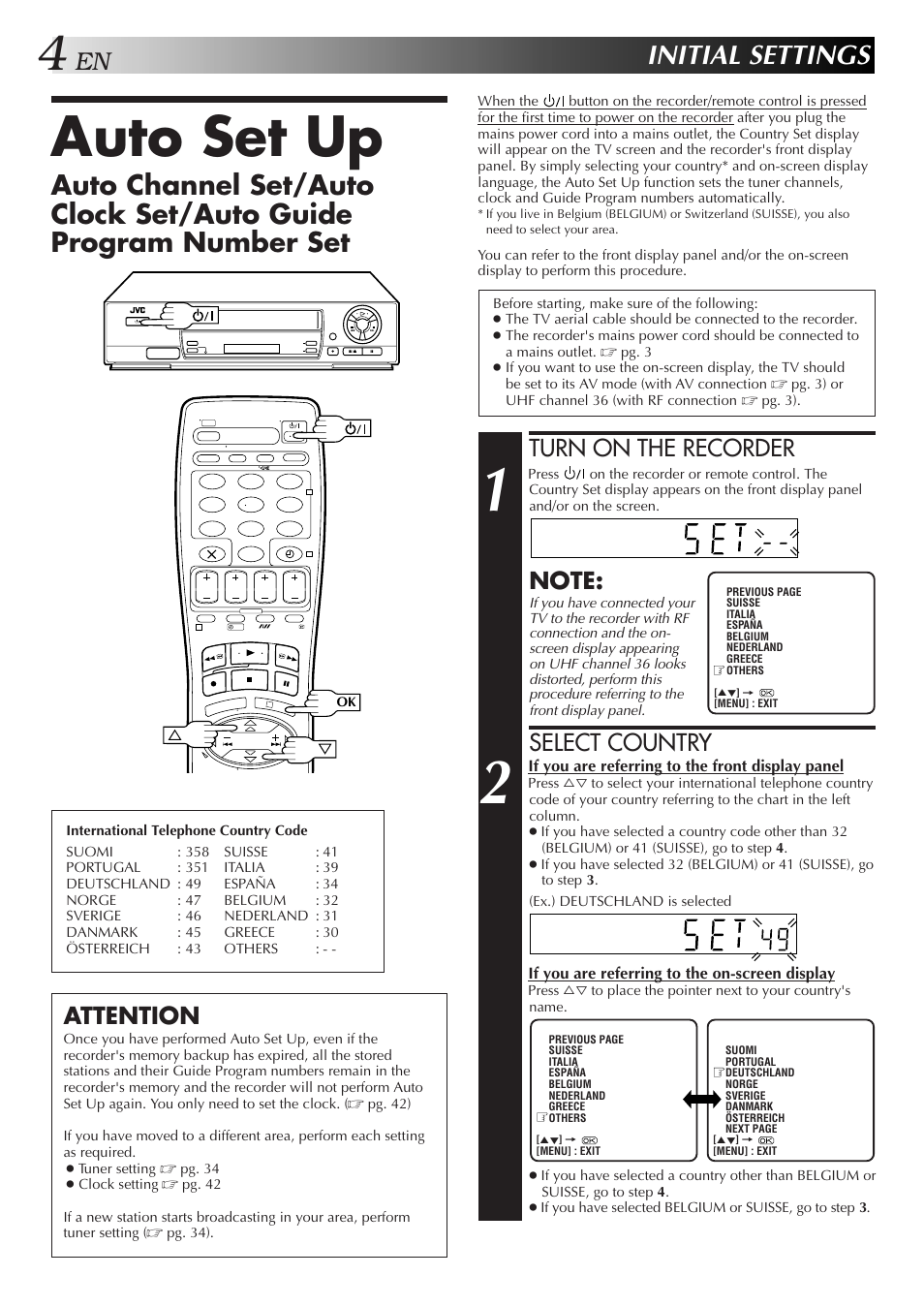 Auto set up, Initial settings, Turn on the recorder | Select country, Attention | JVC HR-J458E User Manual | Page 4 / 52