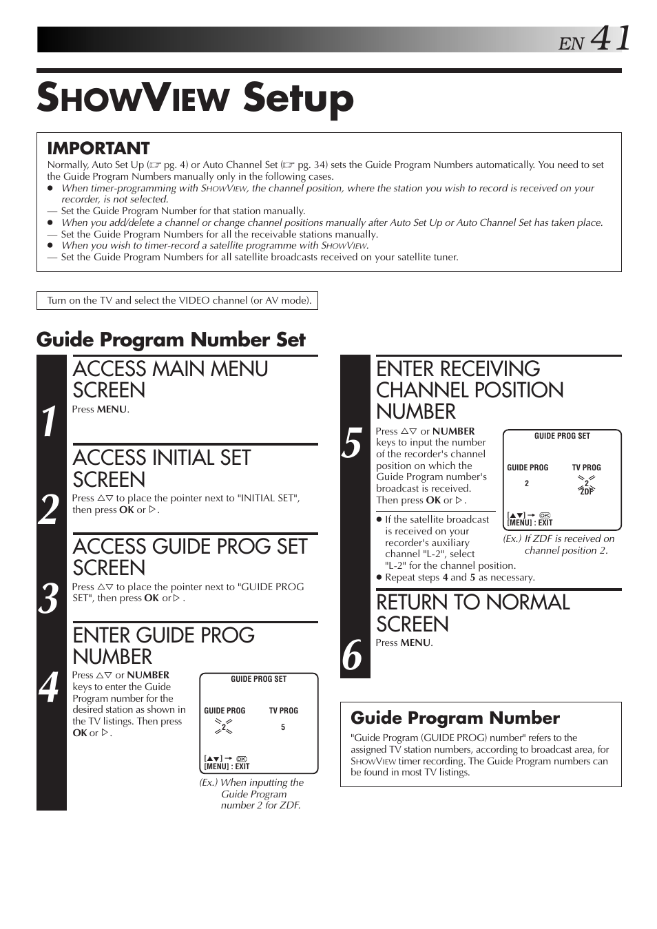 Setup, Access main menu screen, Access initial set screen | Access guide prog set screen, Enter guide prog number, Enter receiving channel position number, Return to normal screen, Guide program number set | JVC HR-J458E User Manual | Page 41 / 52