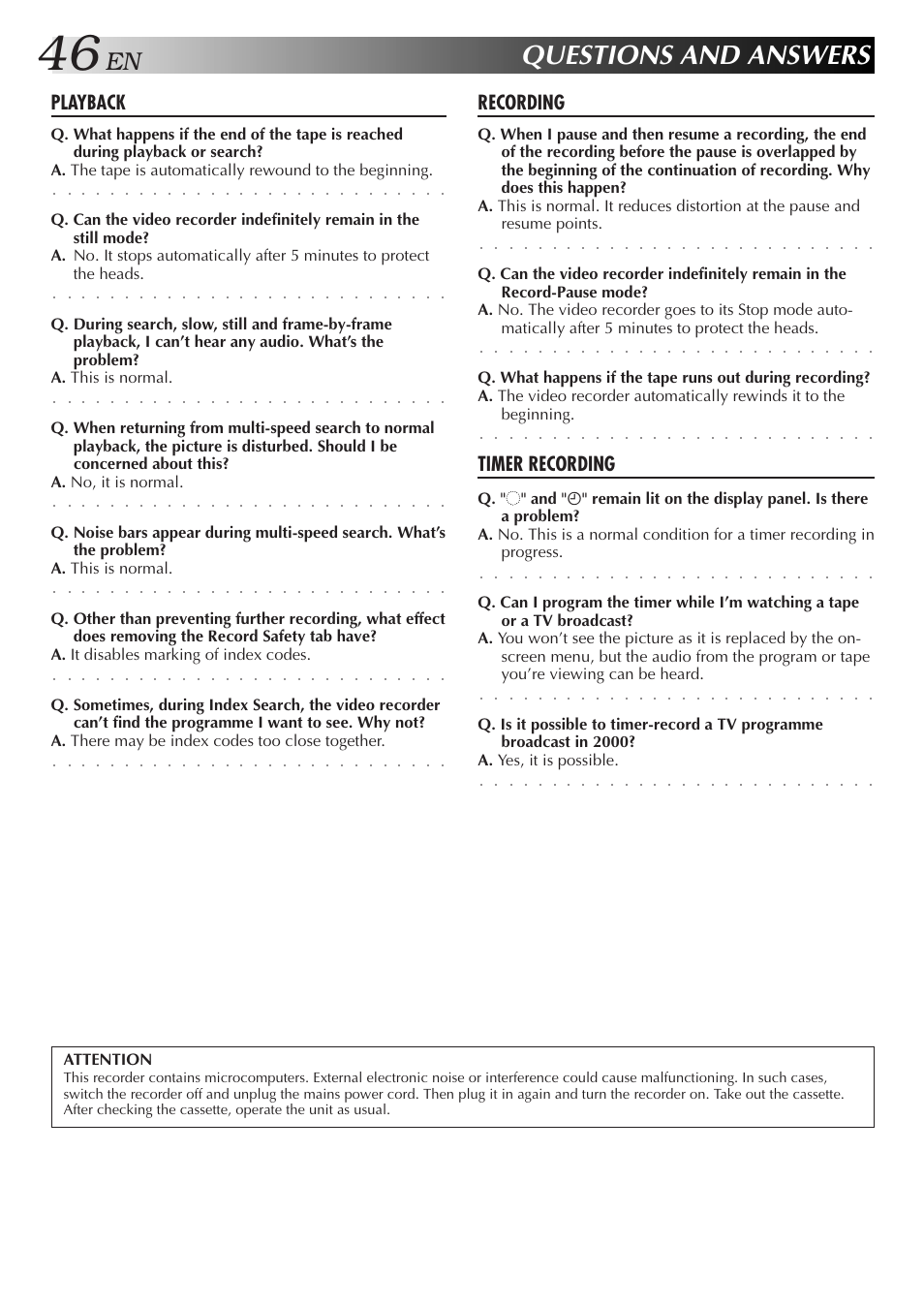 Questions and answers, Playback, Recording | Timer recording | JVC HR-J458E User Manual | Page 46 / 52