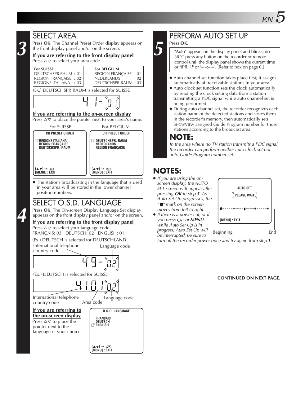 Select area, Select o.s.d. language, Perform auto set up | JVC HR-J458E User Manual | Page 5 / 52