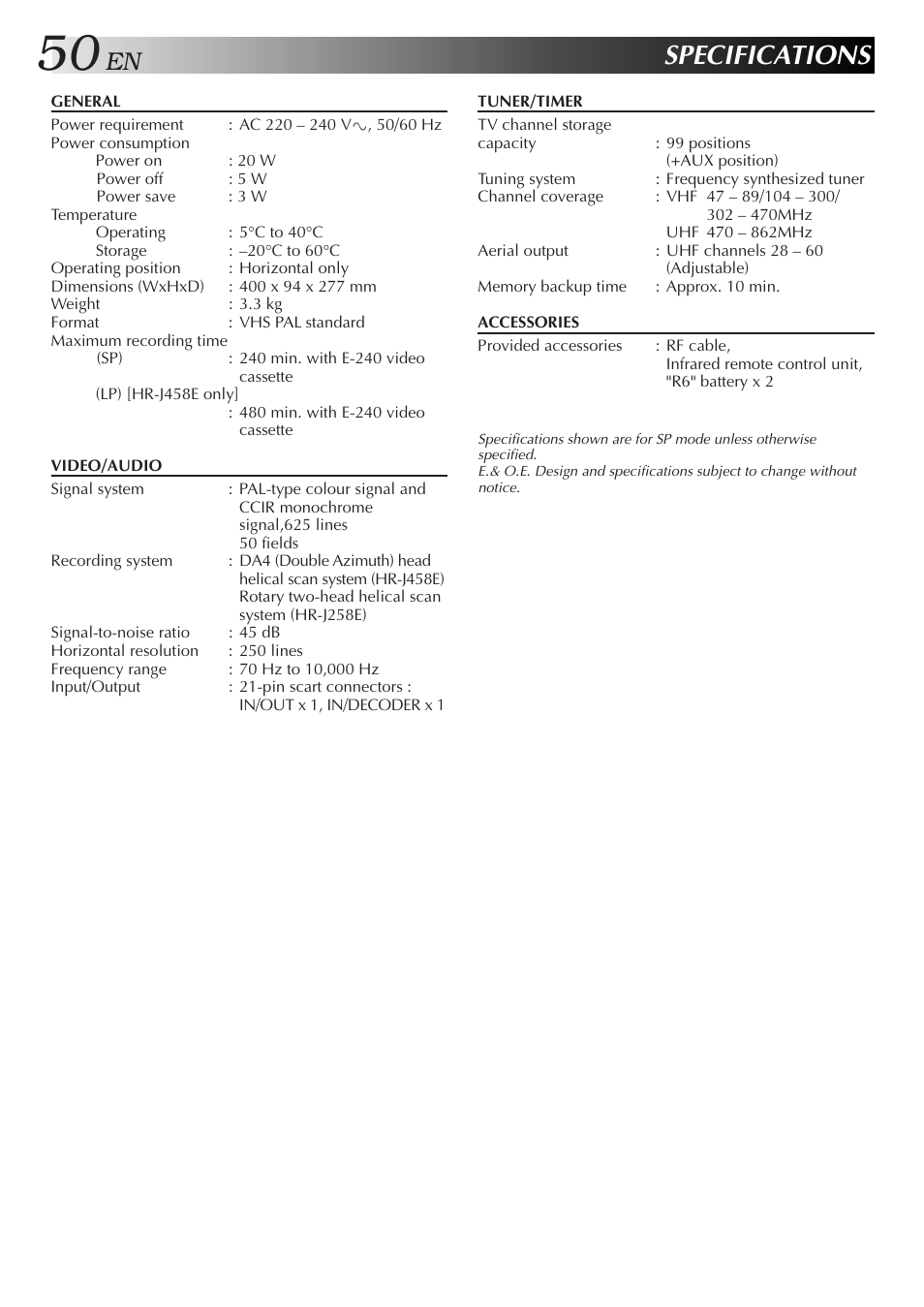 Specifications | JVC HR-J458E User Manual | Page 50 / 52