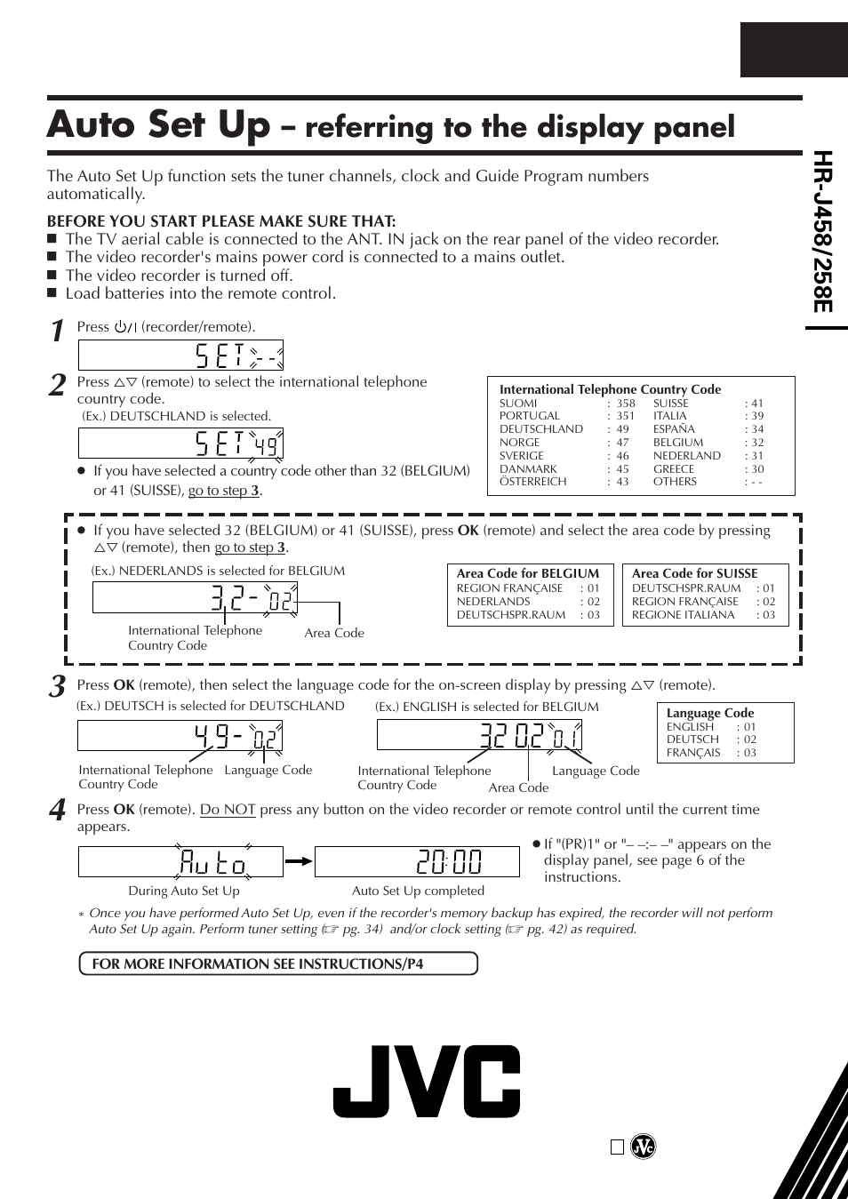 Auto set up, Referring to the display panel | JVC HR-J458E User Manual | Page 52 / 52