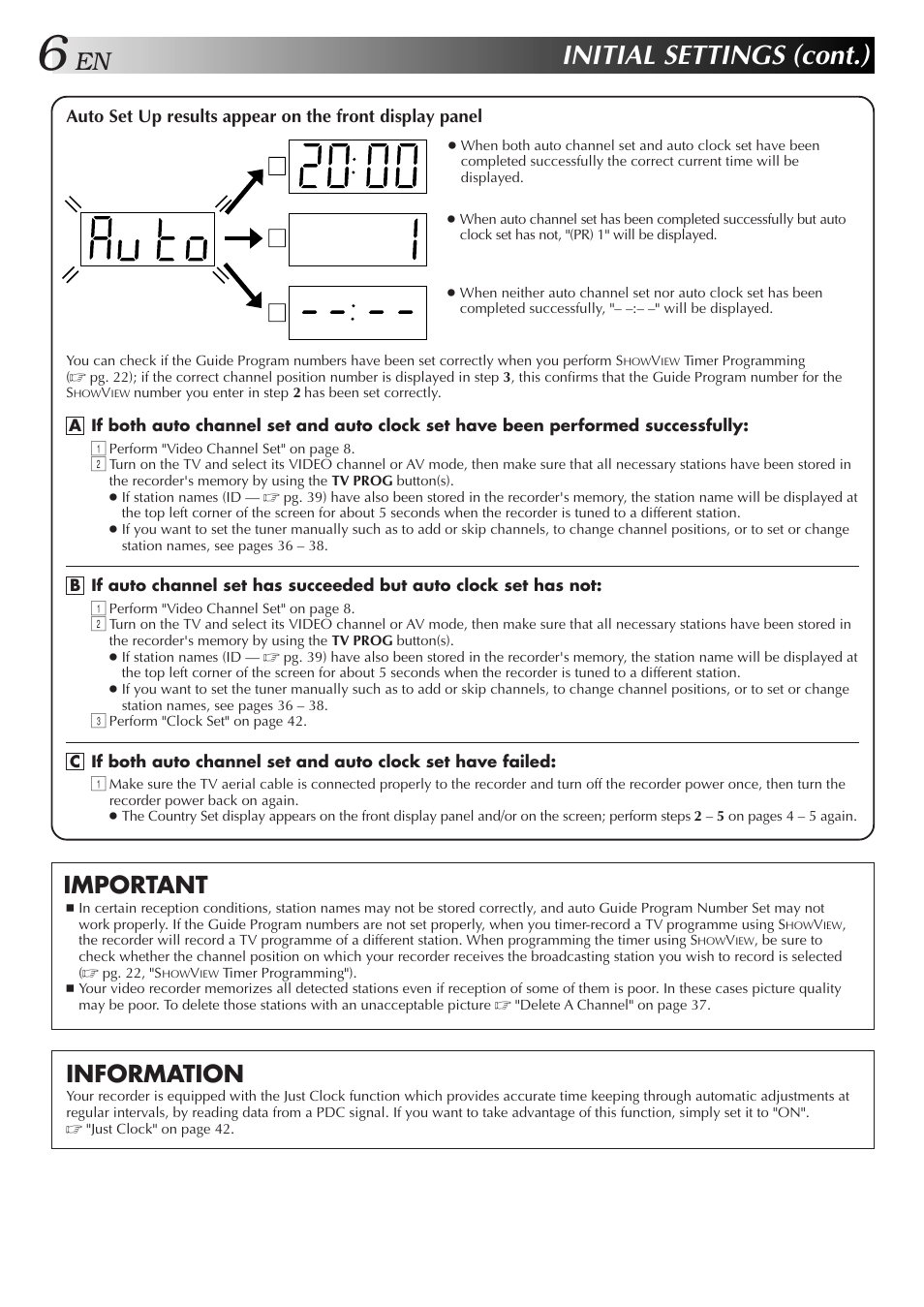 Initial settings (cont.), Important, Information | JVC HR-J458E User Manual | Page 6 / 52