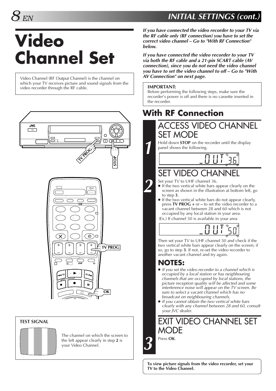 Video channel set, Access video channel set mode, Set video channel | Exit video channel set mode, Initial settings (cont.), With rf connection | JVC HR-J458E User Manual | Page 8 / 52