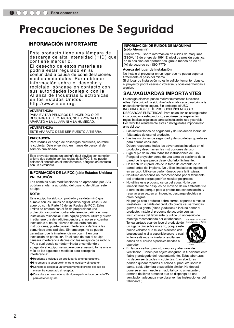 Para comenzar, Precauciones de seguridad, Salvaguardas importantes | Información importante | JVC Procision DLA-HD950 User Manual | Page 126 / 185