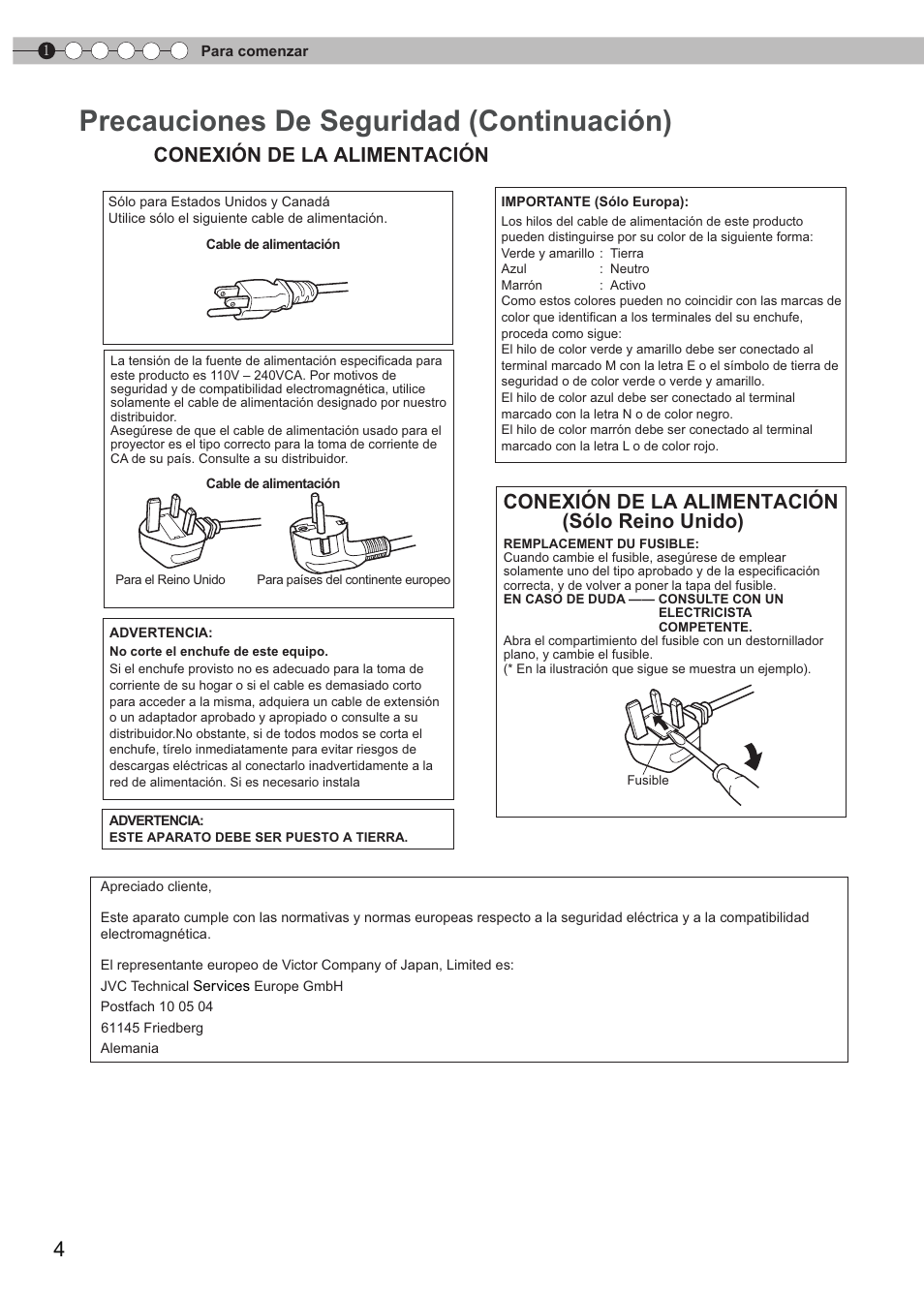 Precauciones de seguridad (continuación), Conexión de la alimentación, Conexión de la alimentación (sólo reino unido) | JVC Procision DLA-HD950 User Manual | Page 128 / 185