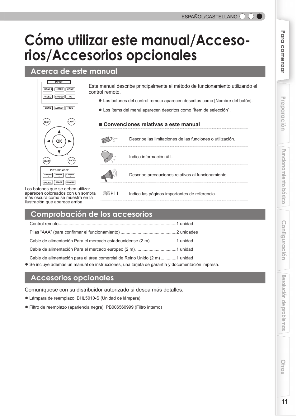 Acerca de este manual, Comprobación de los accesorios, Accesorios opcionales | Cómo utilizar este manual/acceso, Rios/accesorios opcionales | JVC Procision DLA-HD950 User Manual | Page 135 / 185