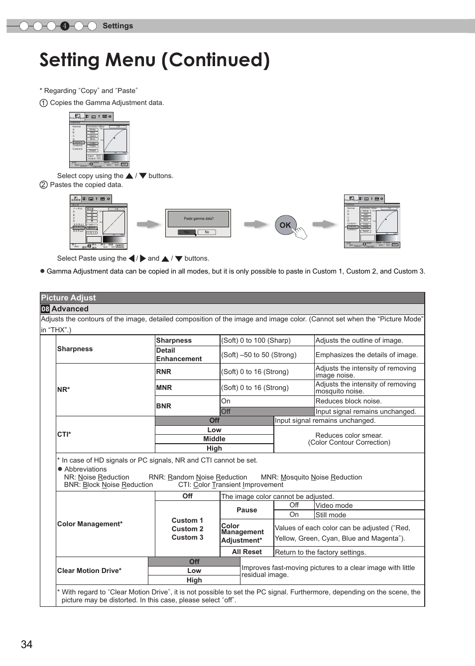 Setting menu (continued), Picture adjust, 4settings | Advanced | JVC Procision DLA-HD950 User Manual | Page 34 / 185