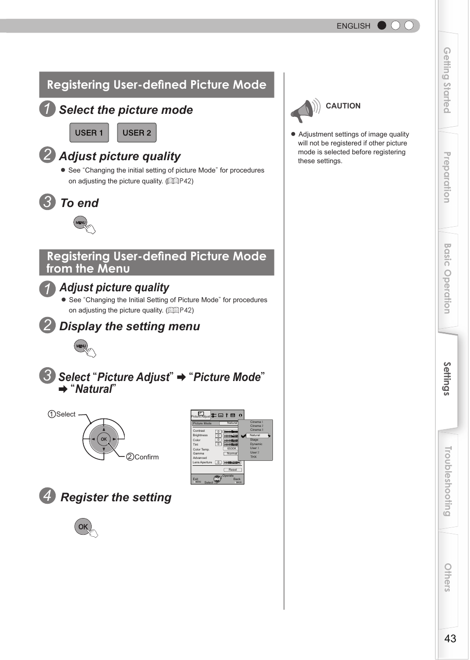 Registering user-defined picture mode, Select the picture mode, Adjust picture quality | Display the setting menu, Register the setting | JVC Procision DLA-HD950 User Manual | Page 43 / 185