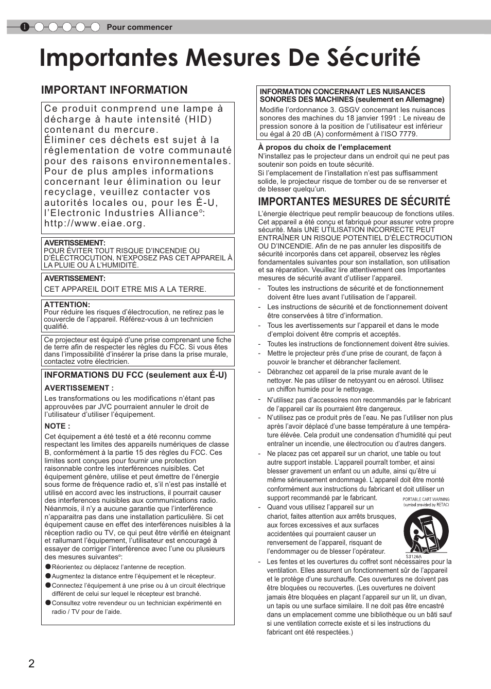 Pour commencer, Importantes mesures de sécurité, Important information | JVC Procision DLA-HD950 User Manual | Page 64 / 185