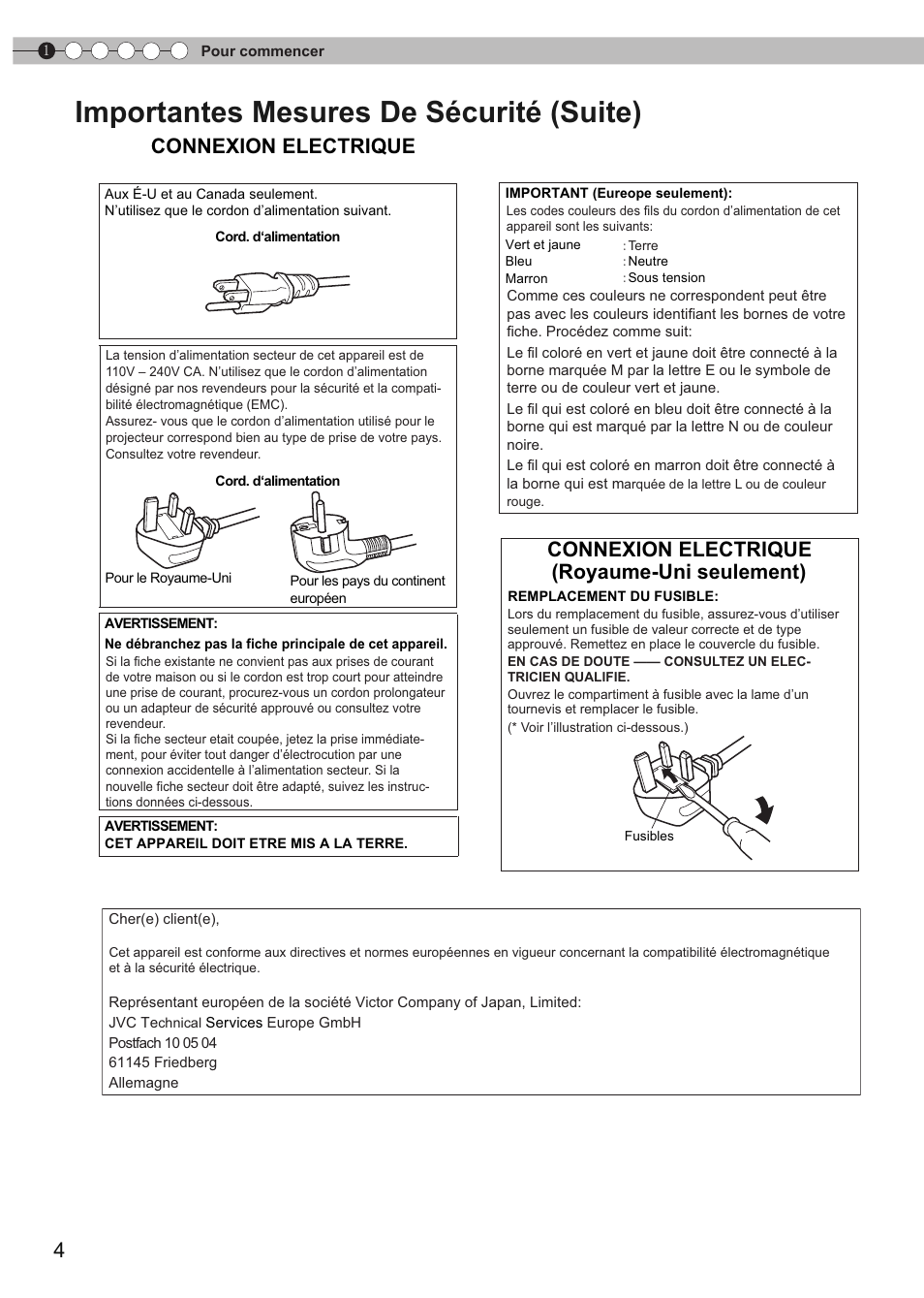 Importantes mesures de sécurité (suite), Connexion electrique, Connexion electrique (royaume-uni seulement) | JVC Procision DLA-HD950 User Manual | Page 66 / 185