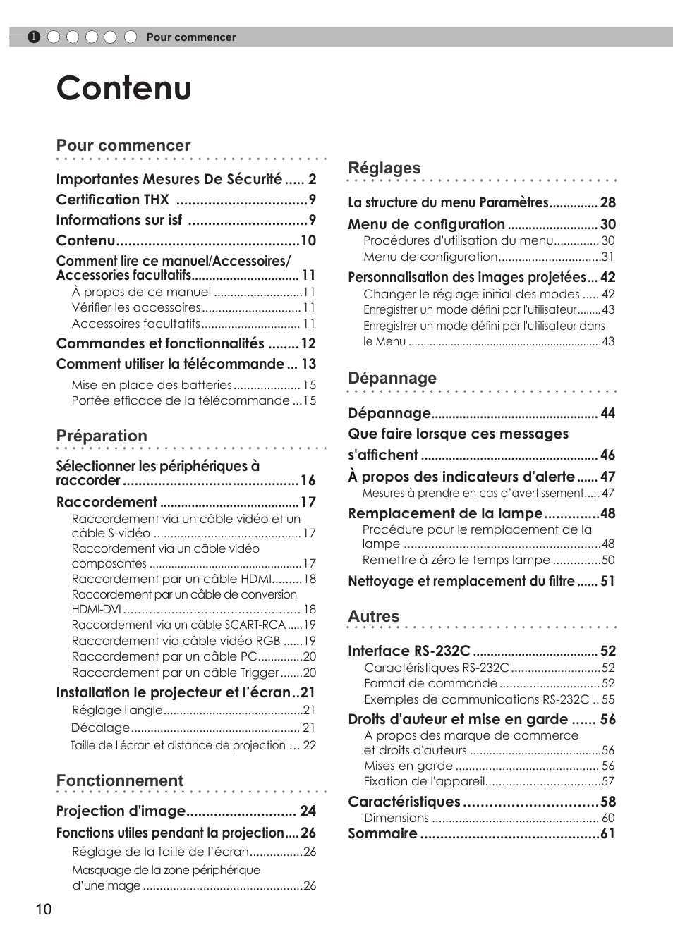 Contenu, Pour commencer, Préparation | Fonctionnement, Réglages, Dépannage, Autres | JVC Procision DLA-HD950 User Manual | Page 72 / 185