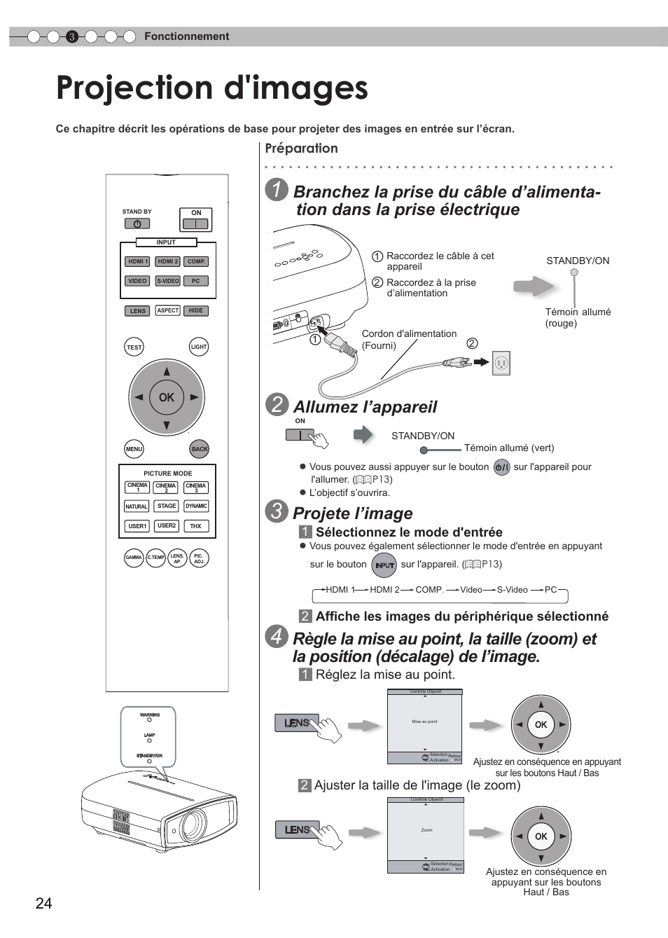 Fonctionnement, Projection d'images, Projection d'image | Ouvert), Pour changer d'entrée, Pour contrôler l'objectif, Allumez l’appareil, Projete l’image, 2affiche les images du périphérique sélectionné, 1réglez la mise au point | JVC Procision DLA-HD950 User Manual | Page 86 / 185