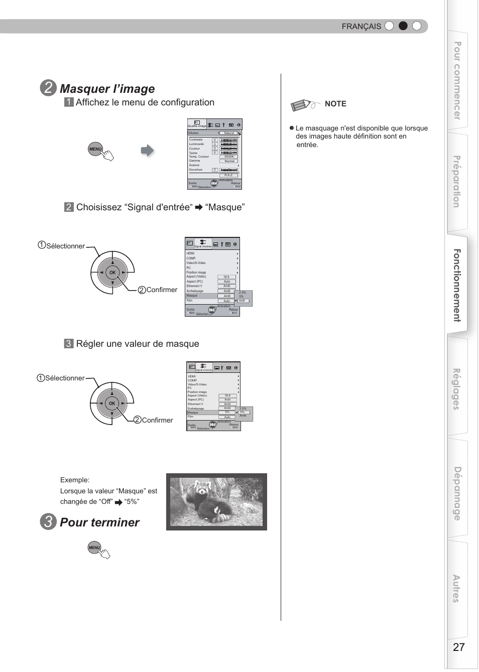 Masquer l’image, Pour terminer, Masque | 3régler une valeur de masque, Français | JVC Procision DLA-HD950 User Manual | Page 89 / 185