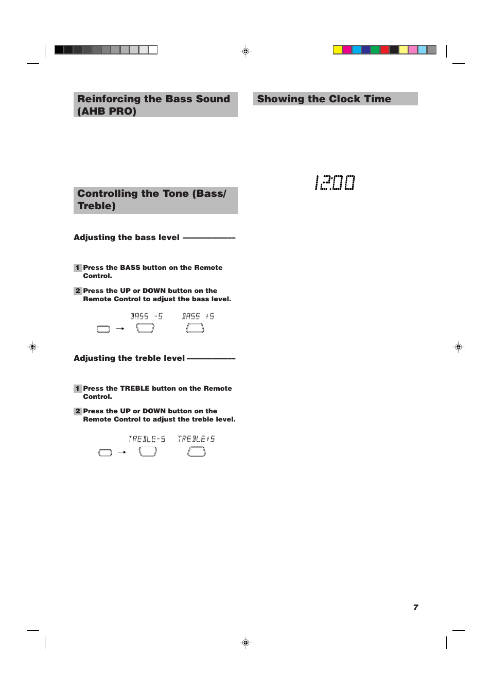 Showing the clock time, Reinforcing the bass sound (ahb pro), Controlling the tone (bass/ treble) | Adjusting the bass level, Adjusting the treble level | JVC UX-V30R User Manual | Page 11 / 28