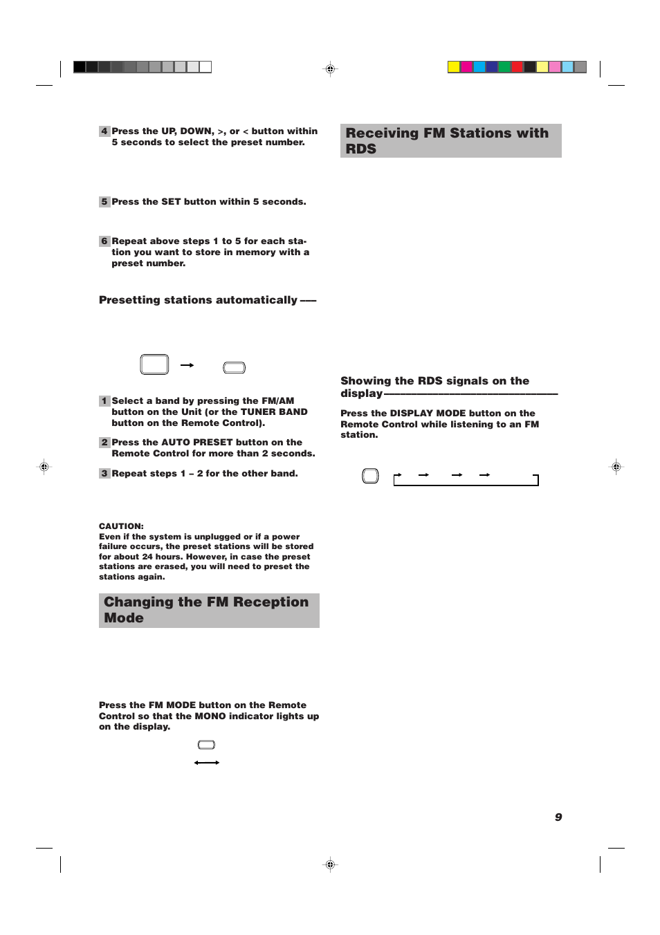 Receiving fm stations with rds, Changing the fm reception mode, Showing the rds signals on the display | Presetting stations automatically | JVC UX-V30R User Manual | Page 13 / 28