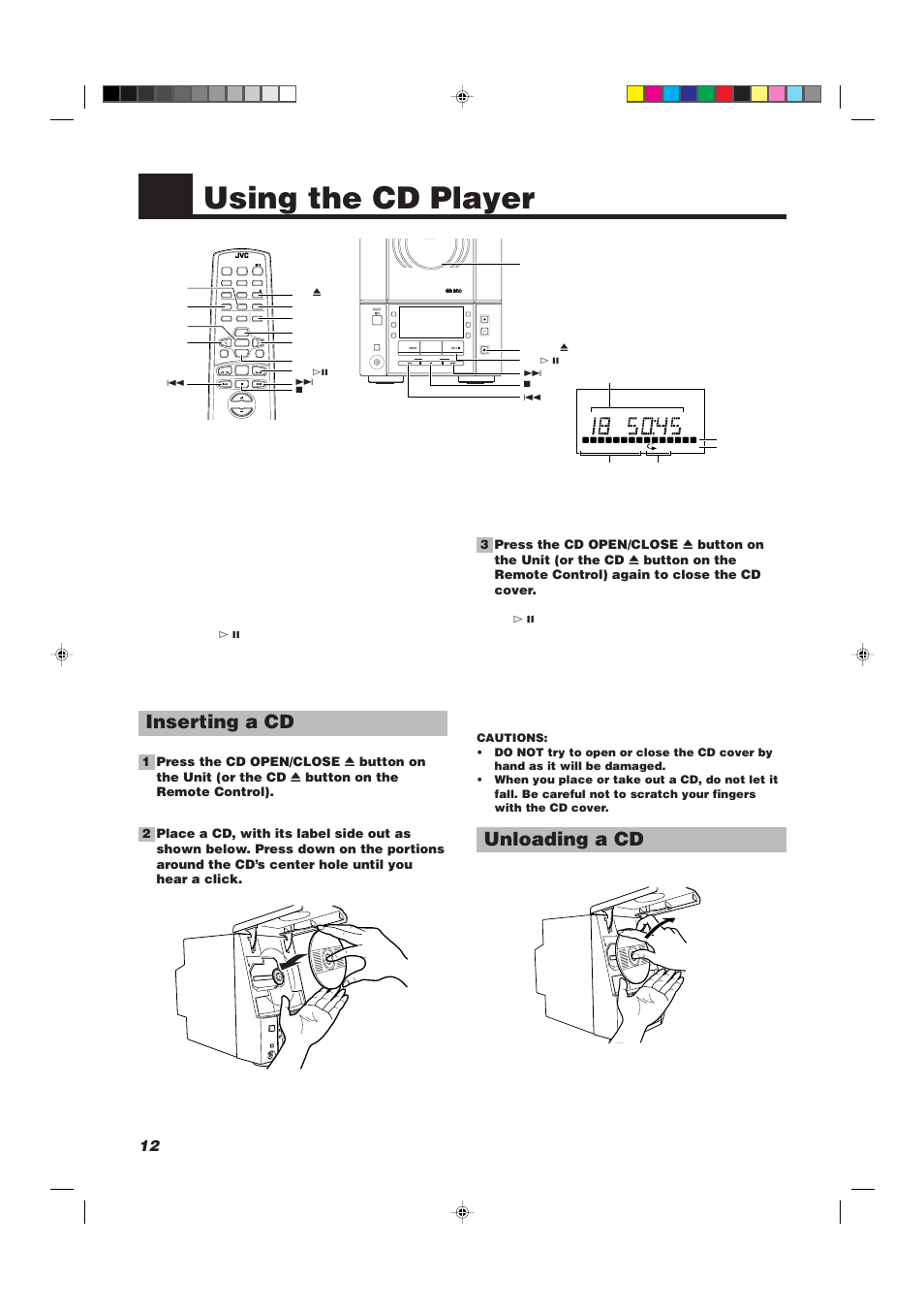 Using the cd player, Inserting a cd, Unloading a cd | Down up multi control, Compact digital audio | JVC UX-V30R User Manual | Page 16 / 28