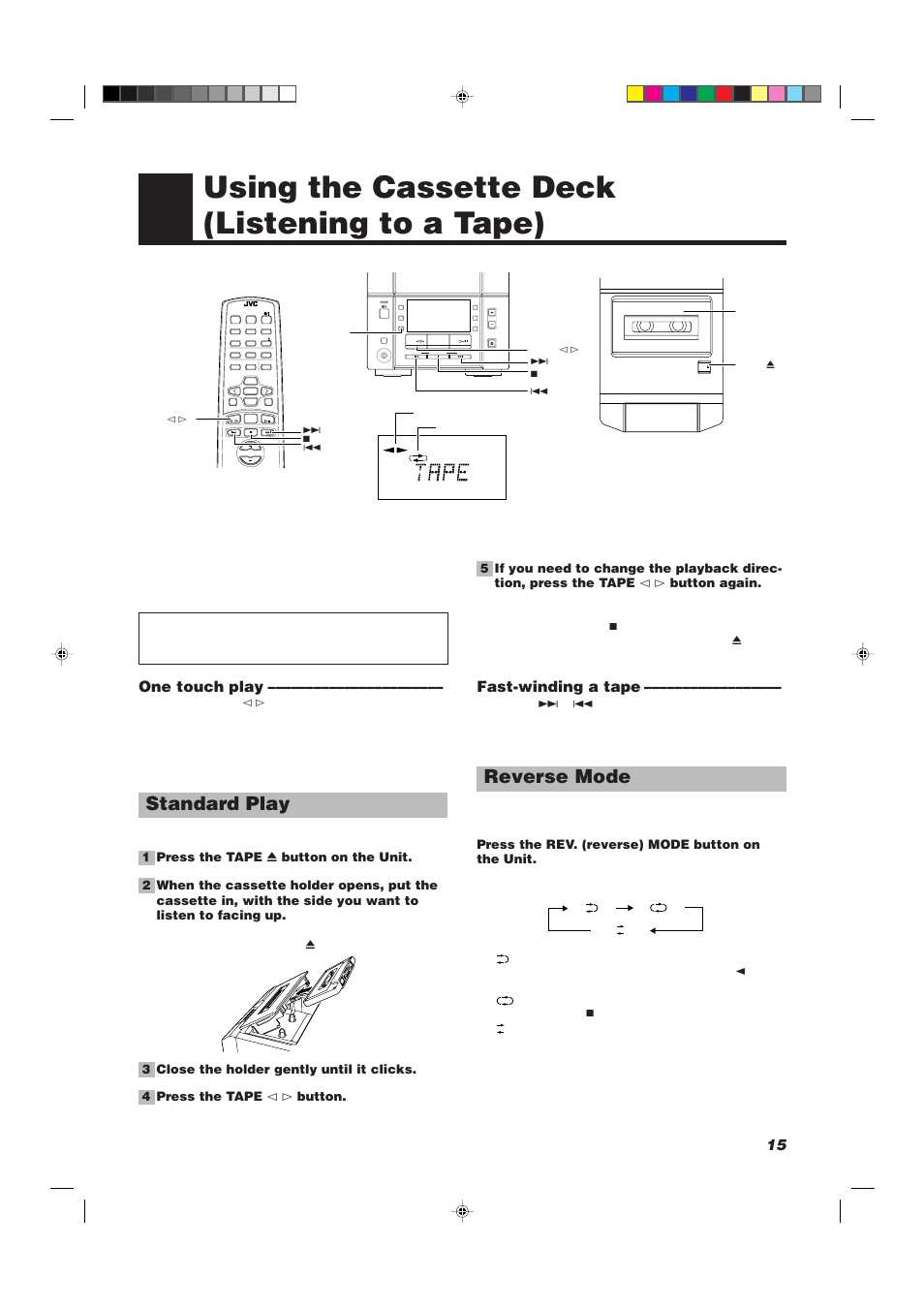 Using the cassette deck (listening to a tape), Standard play, Reverse mode | One touch play, Fast-winding a tape, Down up multi control, Press the rev. (reverse) mode button on the unit | JVC UX-V30R User Manual | Page 19 / 28