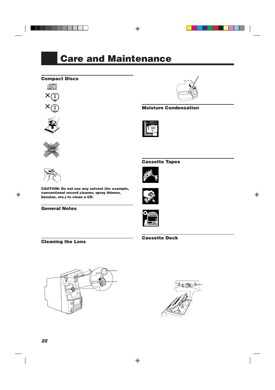Care and maintenance, Moisture condensation, Cassette tapes | Cassette deck, Compact discs, Cleaning the lens | JVC UX-V30R User Manual | Page 26 / 28