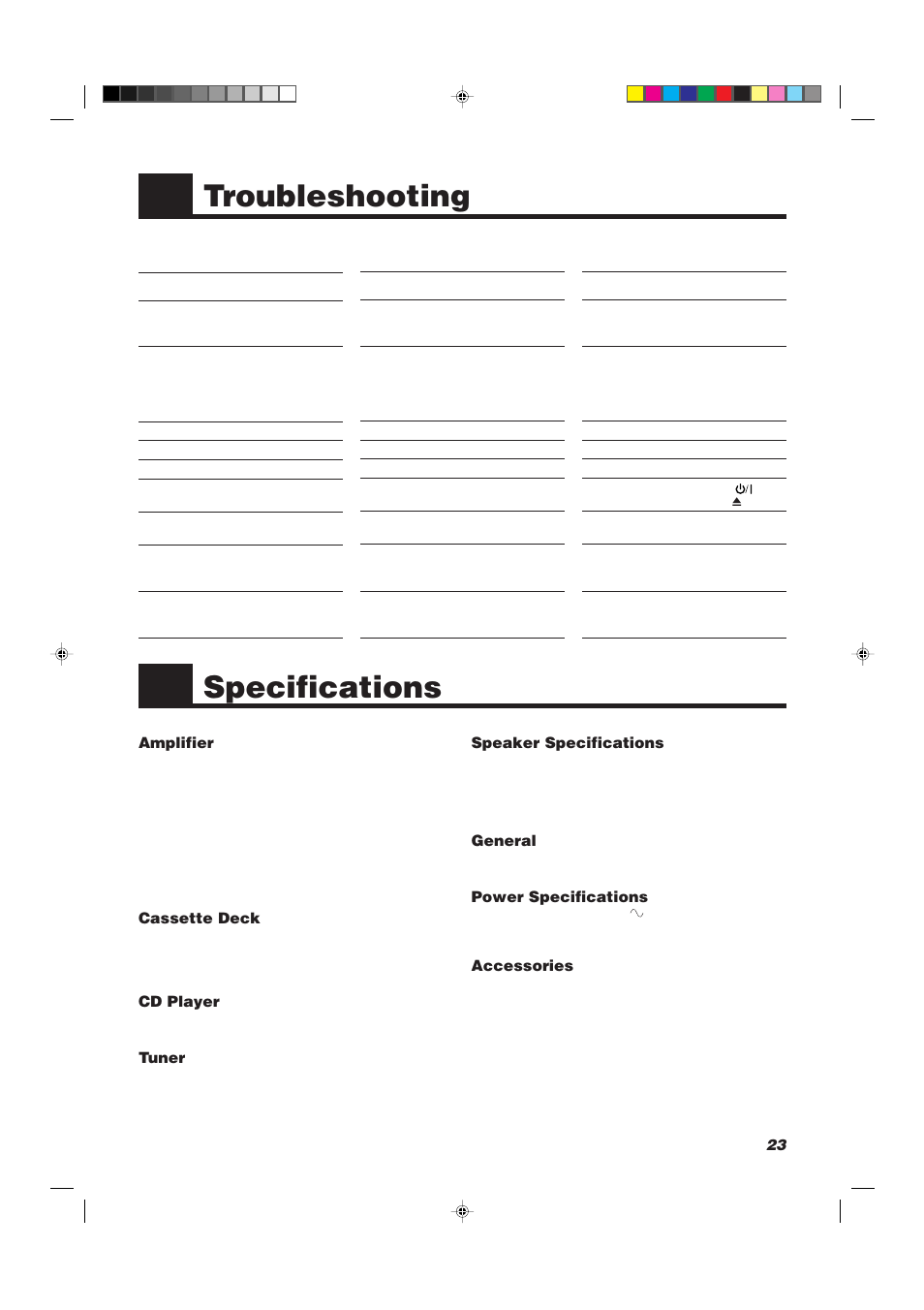 Troubleshooting, Specifications, Amplifier | Cassette deck, Cd player, Tuner, Speaker specifications, General, Power specifications, Accessories | JVC UX-V30R User Manual | Page 27 / 28