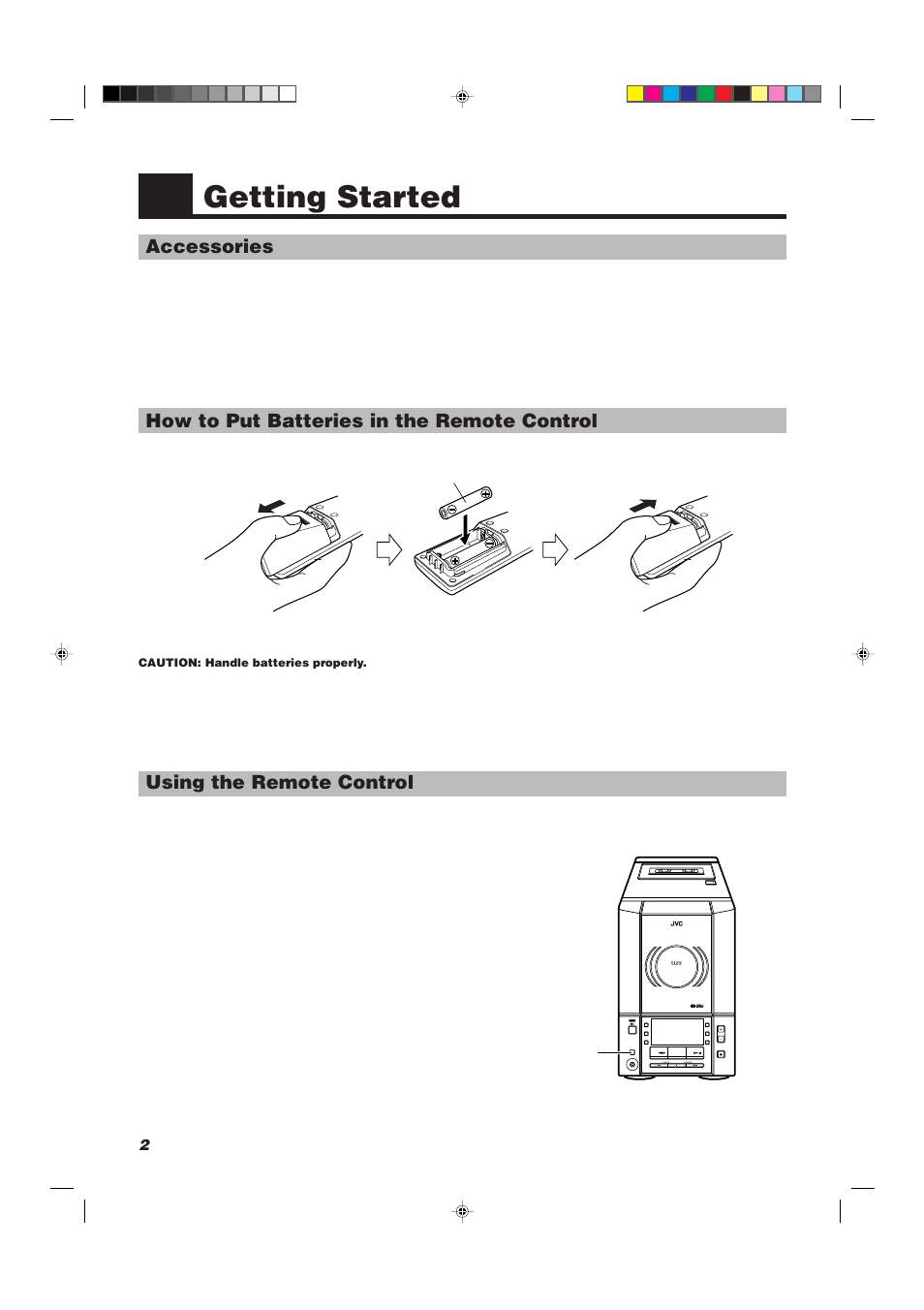 Getting started, Accessories, How to put batteries in the remote control | Using the remote control | JVC UX-V30R User Manual | Page 6 / 28
