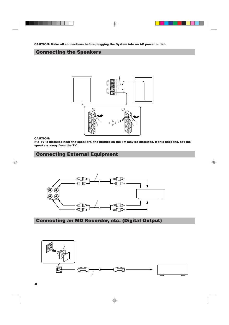 Connecting the speakers, Connecting external equipment, Connecting an md recorder, etc. (digital output) | JVC UX-V30R User Manual | Page 8 / 28