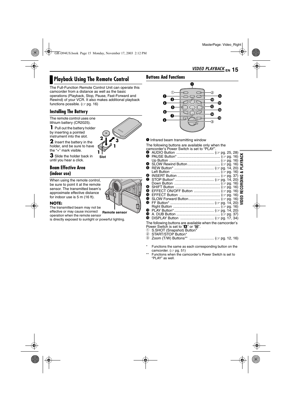 Playback using the remote control, Installing the battery, Beam effective area (indoor use) | Buttons and functions | JVC GR-D74U User Manual | Page 15 / 56