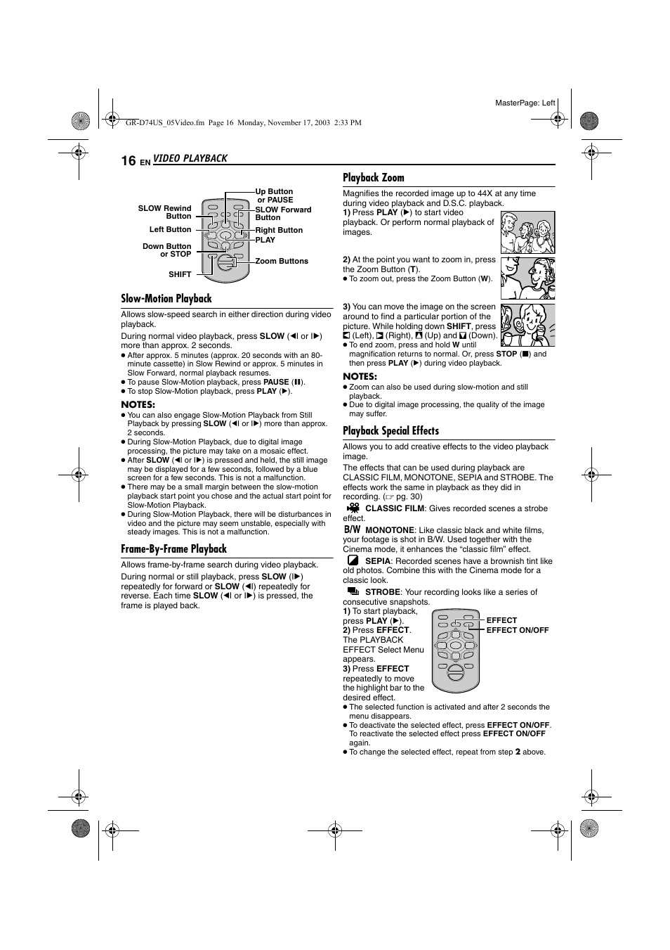 Slow-motion playback, Frame-by-frame playback, Playback zoom | Playback special effects, Pg. 16), Video playback | JVC GR-D74U User Manual | Page 16 / 56