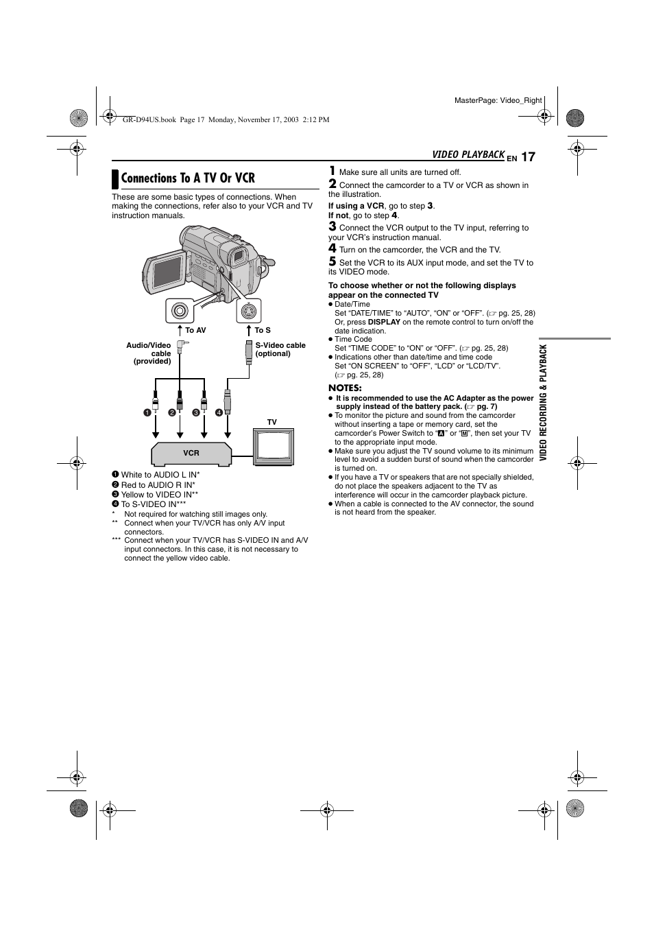 Connections to a tv or vcr, Pg. 17), Pg. 17 | JVC GR-D74U User Manual | Page 17 / 56