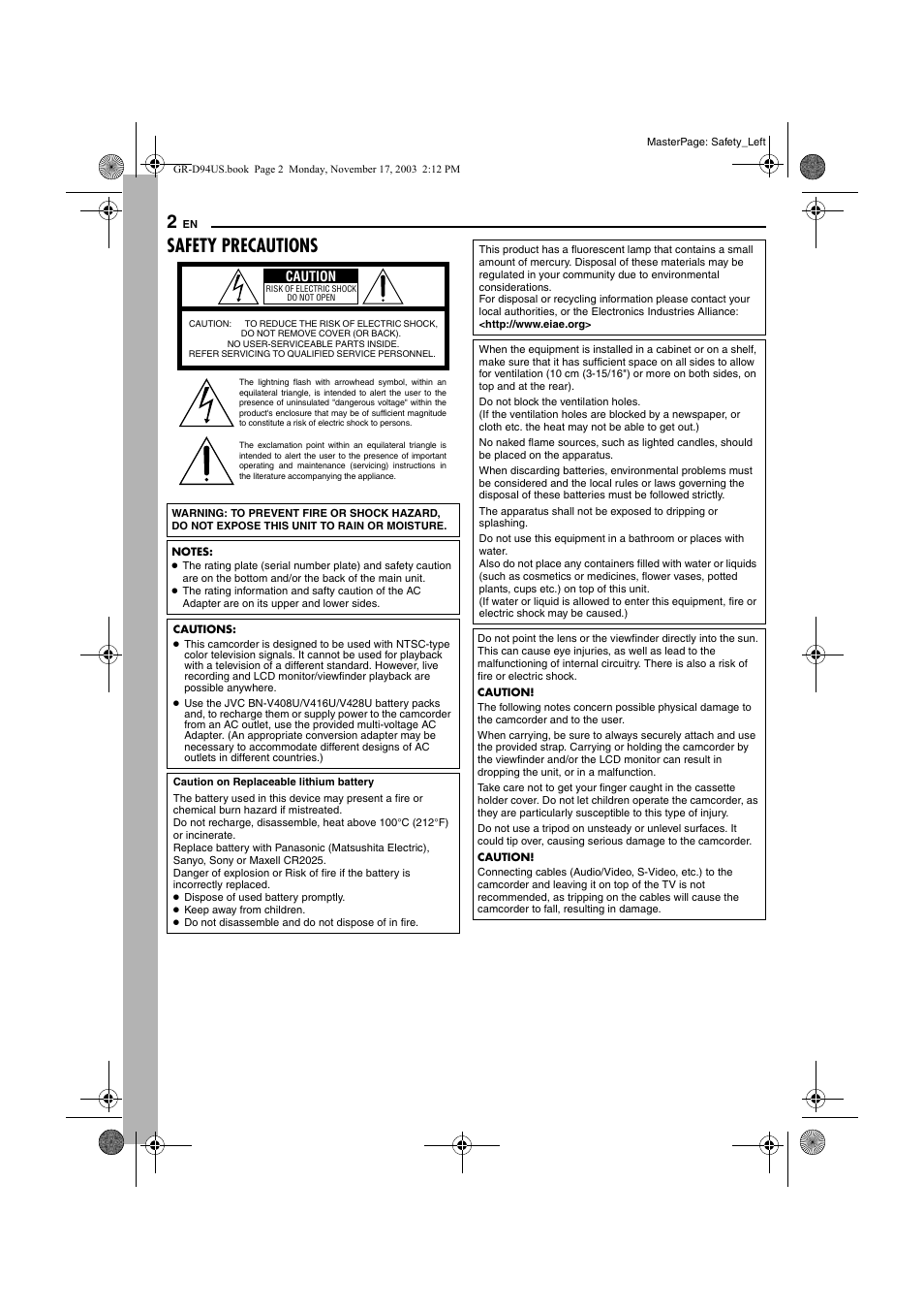 Safety precautions | JVC GR-D74U User Manual | Page 2 / 56