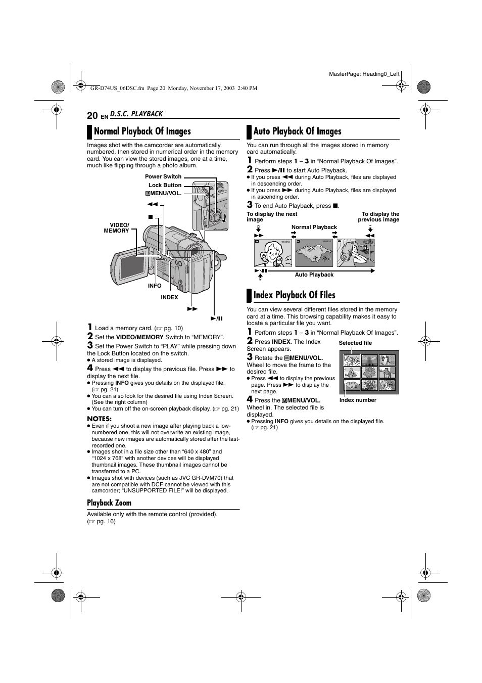 D.s.c. playback, Normal playback of images, Playback zoom | Auto playback of images, Index playback of files | JVC GR-D74U User Manual | Page 20 / 56