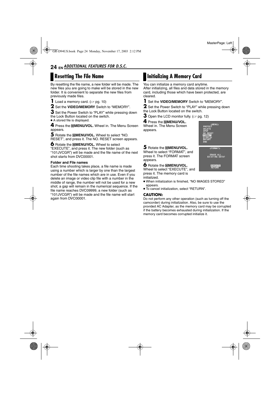 Resetting the file name, Initializing a memory card, Resetting the file name initializing a memory card | Pg. 24) | JVC GR-D74U User Manual | Page 24 / 56