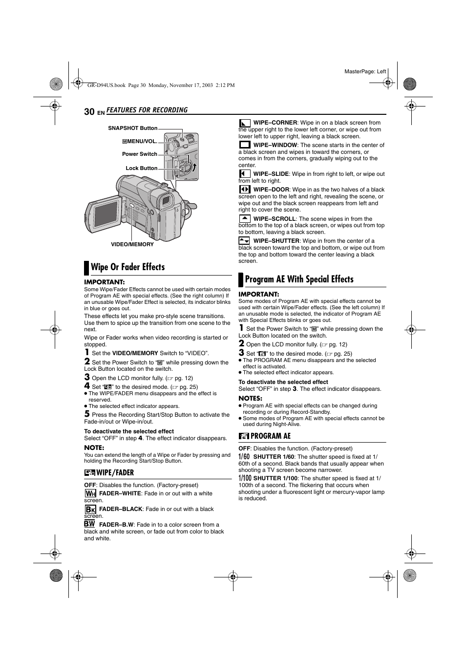 Wipe or fader effects, Wipe/fader, Program ae with special effects | Program ae, Pg. 30) | JVC GR-D74U User Manual | Page 30 / 56