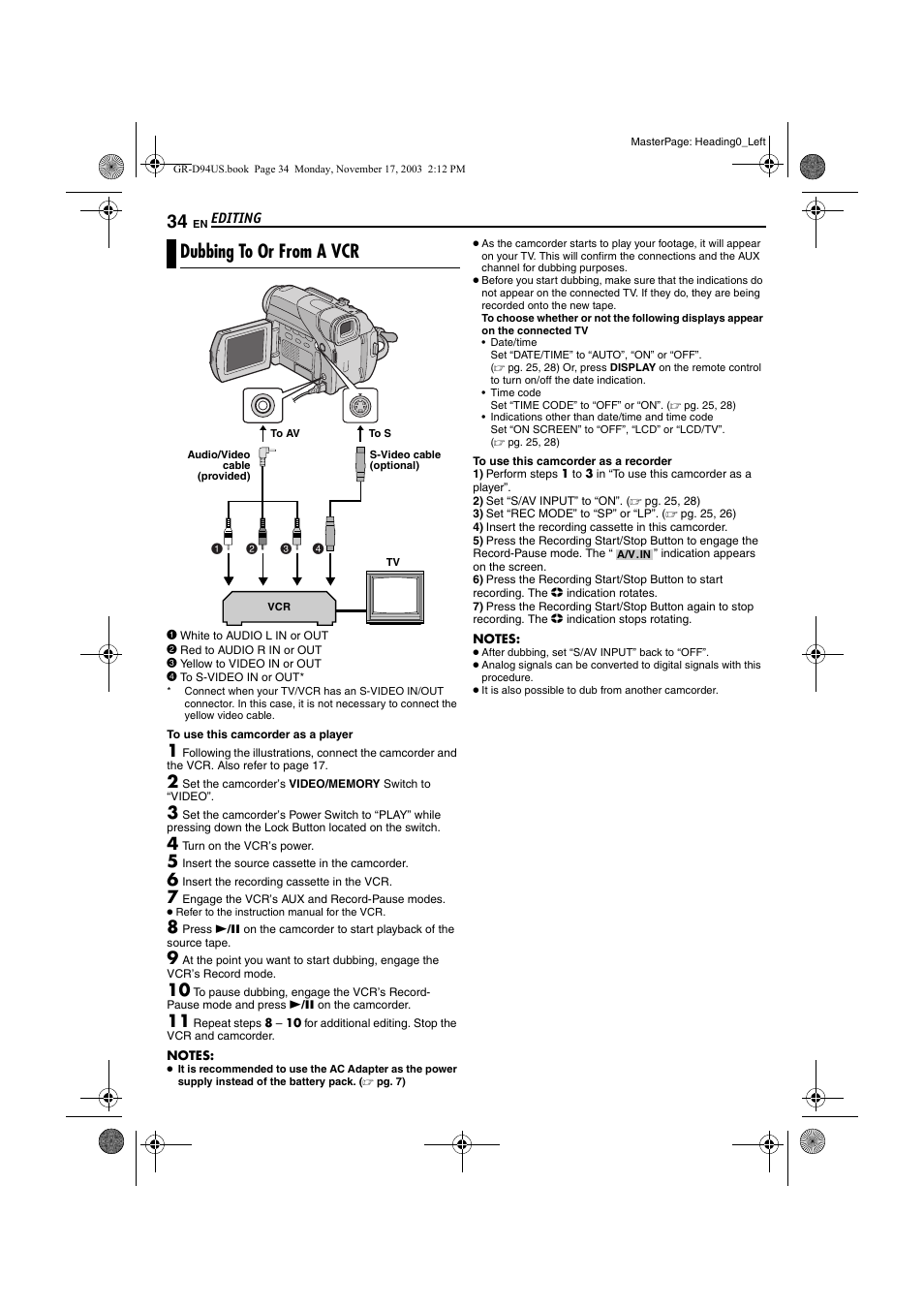 Editing, Dubbing to or from a vcr, Pg. 34 | Pg. 34) | JVC GR-D74U User Manual | Page 34 / 56