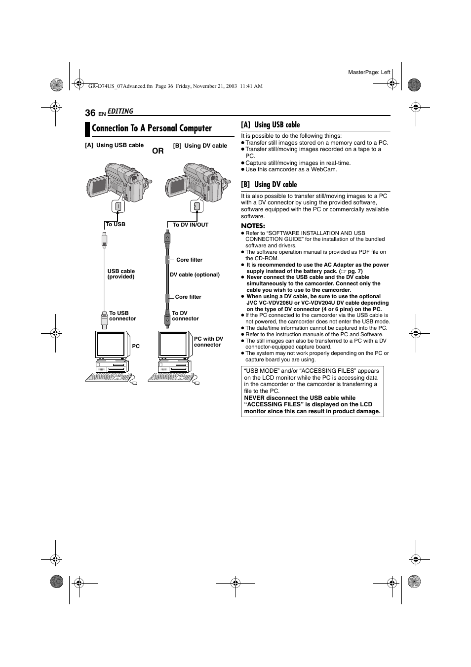 Connection to a personal computer | JVC GR-D74U User Manual | Page 36 / 56