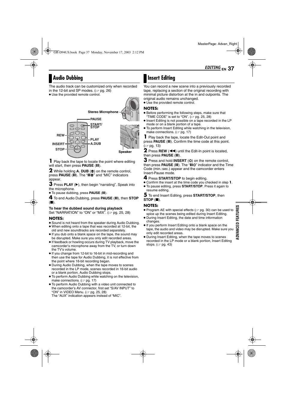 Audio dubbing, Insert editing, Pg. 37) | Pg. 37) are | JVC GR-D74U User Manual | Page 37 / 56