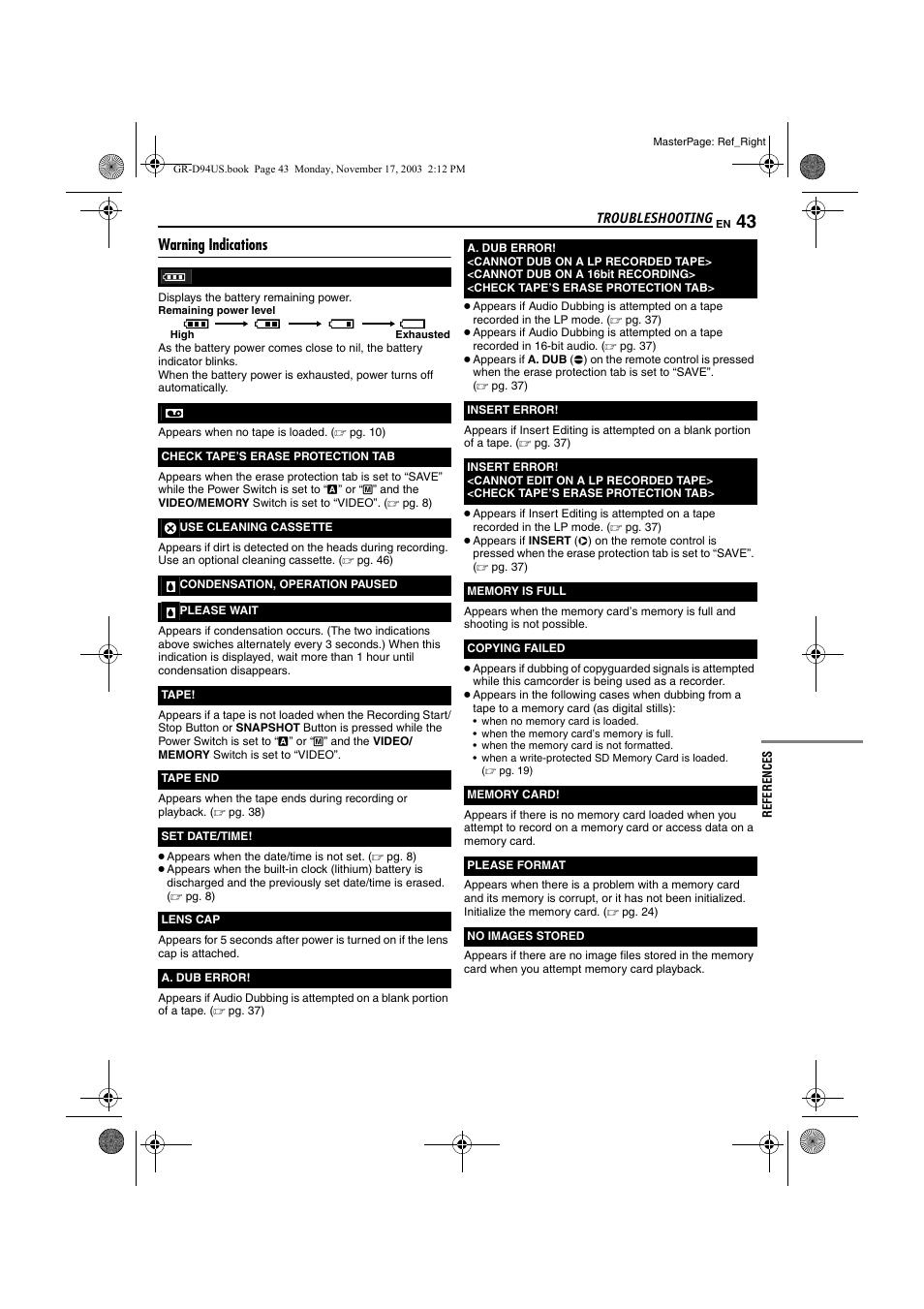 Warning indications, Pg. 43) | JVC GR-D74U User Manual | Page 43 / 56