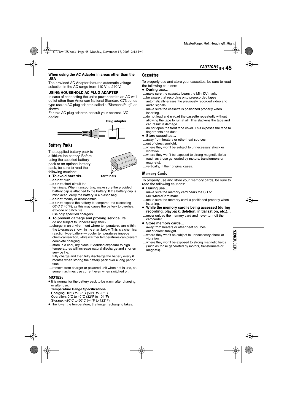 Cautions, Battery packs, Cassettes | Memory cards, Pg. 45) | JVC GR-D74U User Manual | Page 45 / 56